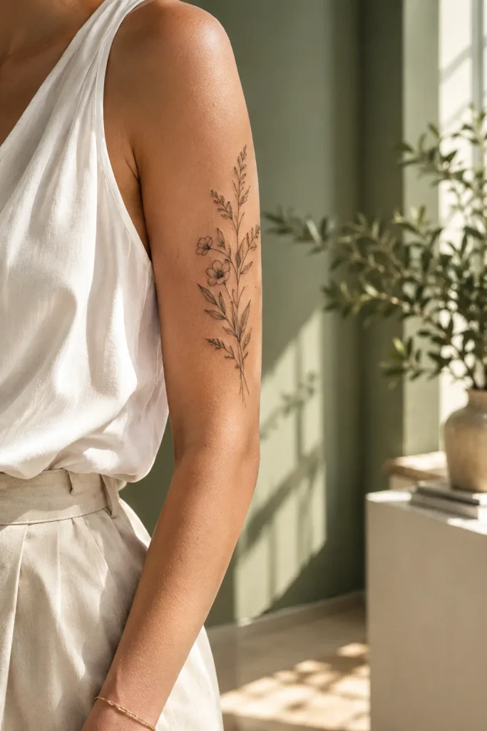 Fine line flower tattoo on woman's upper arm